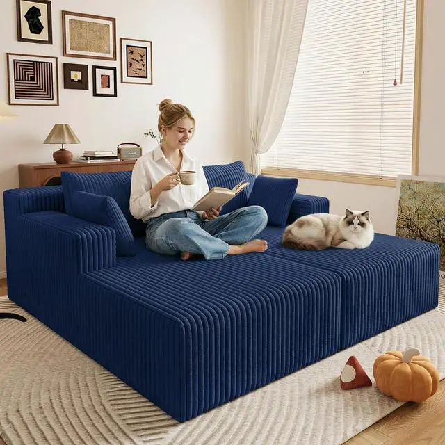 Main image of 71" Oversized Chaise Lounge Chair,Sectional Double Lounge Chaise with Pillows, Upholstered Corduroy Boneless Lounge Chair, Fluffy Modern Loveseat Sleeper Sofa for Living Room or Bedroom(Blue)