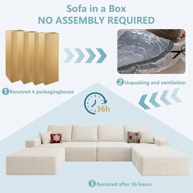 Alt view image 7 of 7 - 136" U Shaped Cloud Sectional Couch with Fluffy Corduroy, Deep Memory Foam Seats Sofa with 1 Ottoman for Living Room, No Assembly Required(White,Right-Facing Chaise)