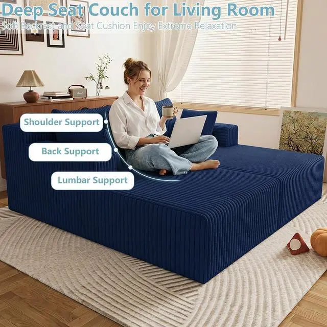 Alt view image 6 of 7 - 71" Oversized Chaise Lounge Chair,Sectional Double Lounge Chaise with Pillows, Upholstered Corduroy Boneless Lounge Chair, Fluffy Modern Loveseat Sleeper Sofa for Living Room or Bedroom(Blue)