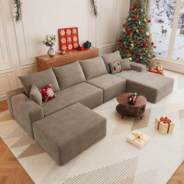 Main image of 136" U Shaped Cloud Sectional Couch with Fluffy Corduroy, Deep Memory Foam Seats Sofa with 1 Ottoman for Living Room, No Assembly Required(Camel,Right-Facing Chaise)
