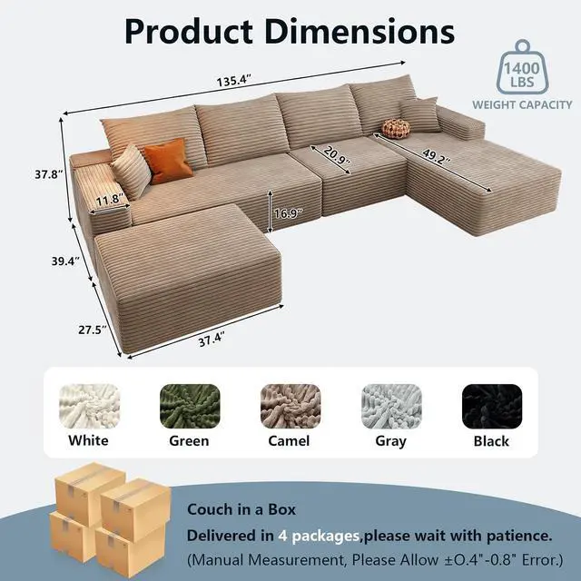 Alt view image 2 of 7 - 136" U Shaped Cloud Sectional Couch with Fluffy Corduroy, Deep Memory Foam Seats Sofa with 1 Ottoman for Living Room, No Assembly Required(Camel,Right-Facing Chaise)