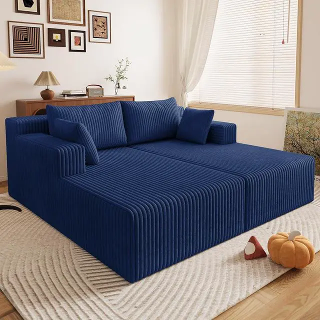 Alt view image 4 of 7 - 71" Oversized Chaise Lounge Chair,Sectional Double Lounge Chaise with Pillows, Upholstered Corduroy Boneless Lounge Chair, Fluffy Modern Loveseat Sleeper Sofa for Living Room or Bedroom(Blue)