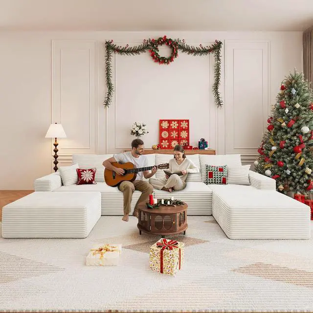 Alt view image 3 of 7 - 136" U Shaped Cloud Sectional Couch with Fluffy Corduroy, Deep Memory Foam Seats Sofa with 1 Ottoman for Living Room, No Assembly Required(White,Right-Facing Chaise)