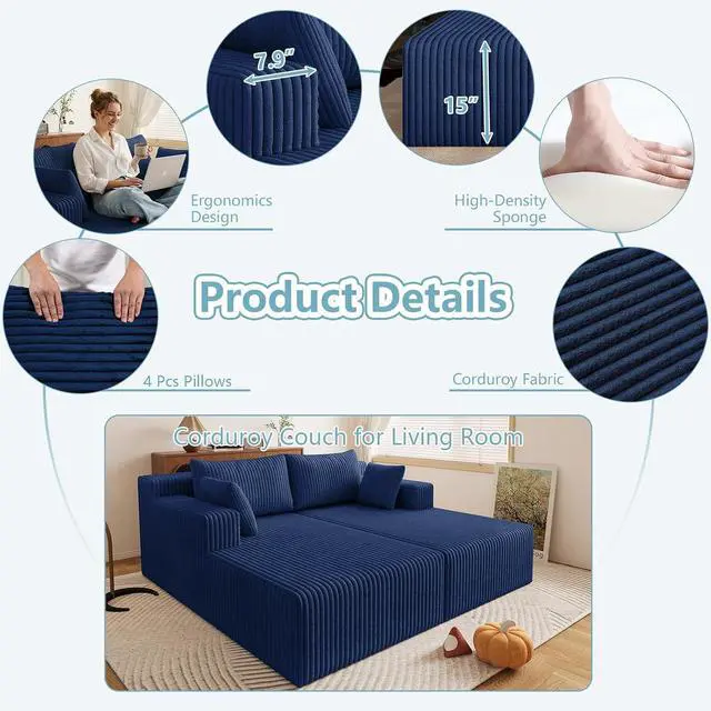 Alt view image 5 of 7 - 71" Oversized Chaise Lounge Chair,Sectional Double Lounge Chaise with Pillows, Upholstered Corduroy Boneless Lounge Chair, Fluffy Modern Loveseat Sleeper Sofa for Living Room or Bedroom(Blue)