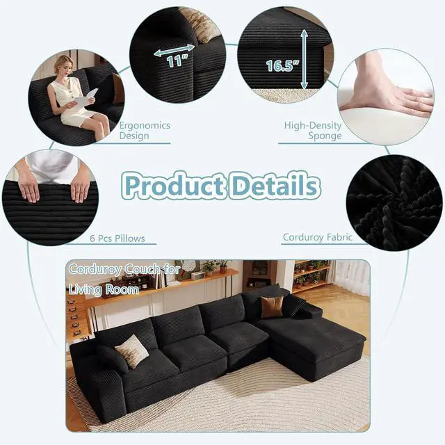 Alt view image 4 of 7 - 136" Cloud Sectional Couch with L-Shape Chaise, Modern Corduroy Viral Boneless Sofa for Living Room,Memory Foam Couches in a Box with Deep Seat,No Assembly Required (Black,Right-Facing Chaise)