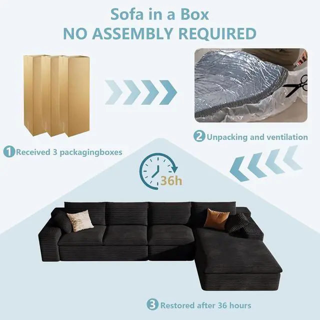 Alt view image 7 of 7 - 136" Cloud Sectional Couch with L-Shape Chaise, Modern Corduroy Viral Boneless Sofa for Living Room,Memory Foam Couches in a Box with Deep Seat,No Assembly Required (Black,Right-Facing Chaise)