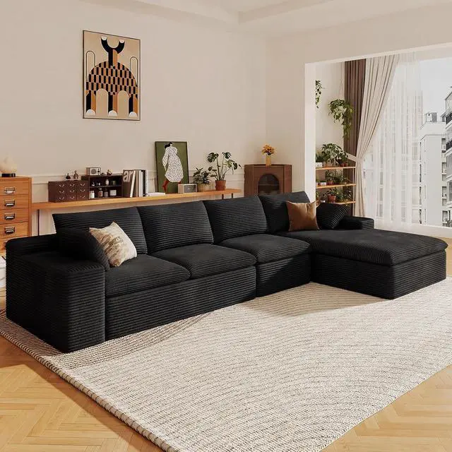 Alt view image 5 of 7 - 136" Cloud Sectional Couch with L-Shape Chaise, Modern Corduroy Viral Boneless Sofa for Living Room,Memory Foam Couches in a Box with Deep Seat,No Assembly Required (Black,Right-Facing Chaise)