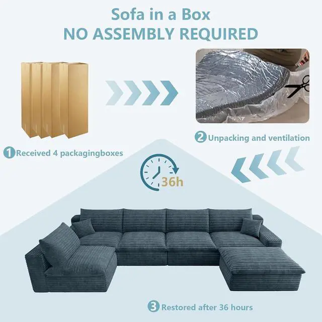 Alt view image 6 of 7 - 136" Cloud Sectional Couch with U-Shaped Chaise,5-Seater Corduroy Viral Boneless Sofa with Ottoman,Memory Foam Couches in a Box with Deep Seat for Living Room,No Assembly Required, Blue