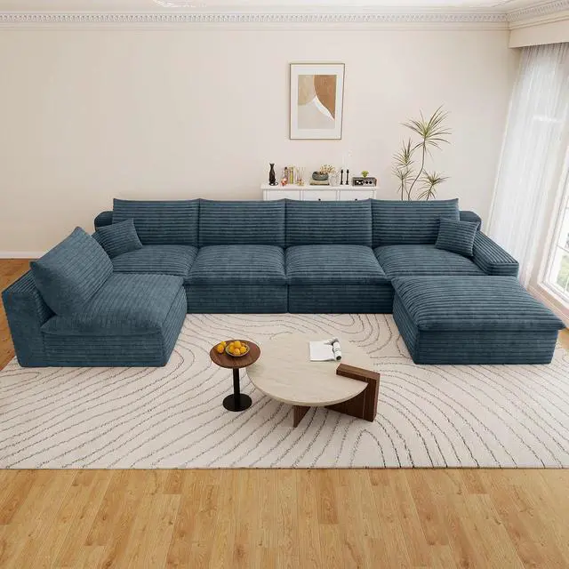Alt view image 3 of 7 - 136" Cloud Sectional Couch with U-Shaped Chaise,5-Seater Corduroy Viral Boneless Sofa with Ottoman,Memory Foam Couches in a Box with Deep Seat for Living Room,No Assembly Required, Blue