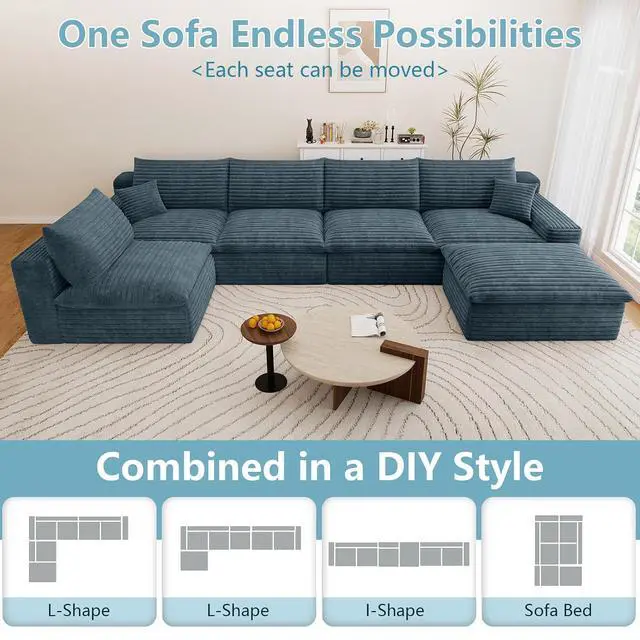 Alt view image 5 of 7 - 136" Cloud Sectional Couch with U-Shaped Chaise,5-Seater Corduroy Viral Boneless Sofa with Ottoman,Memory Foam Couches in a Box with Deep Seat for Living Room,No Assembly Required, Blue