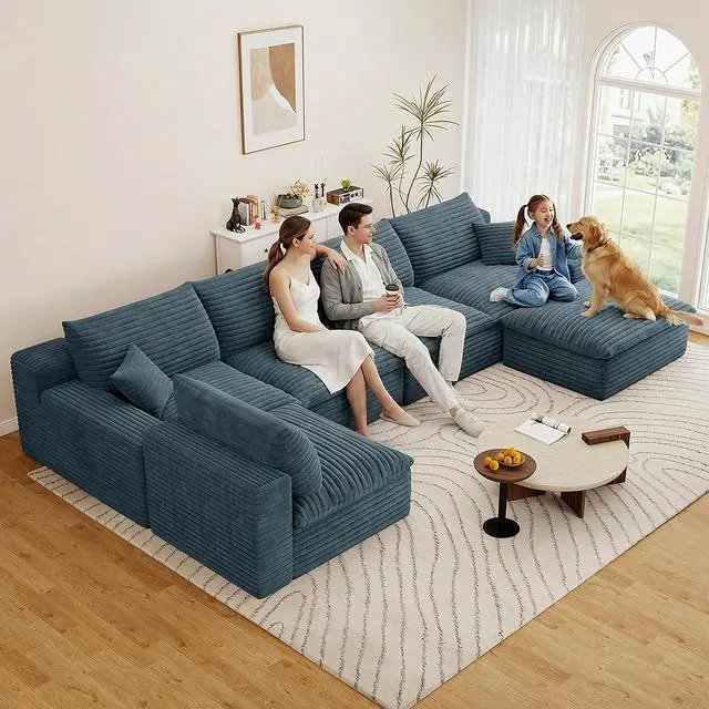 Main image of 136" Cloud Sectional Couch with U-Shaped Chaise,5-Seater Corduroy Viral Boneless Sofa with Ottoman,Memory Foam Couches in a Box with Deep Seat for Living Room,No Assembly Required, Blue