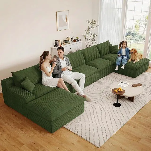Alt view image 3 of 7 - 165" Oversized Cloud Sectional Couch with U-Shaped Chaise,5-Seater Corduroy Viral Boneless Sofa with Ottoman,Memory Foam Couches in a Box with Deep Seat for Living Room,No Assembly Required, Green