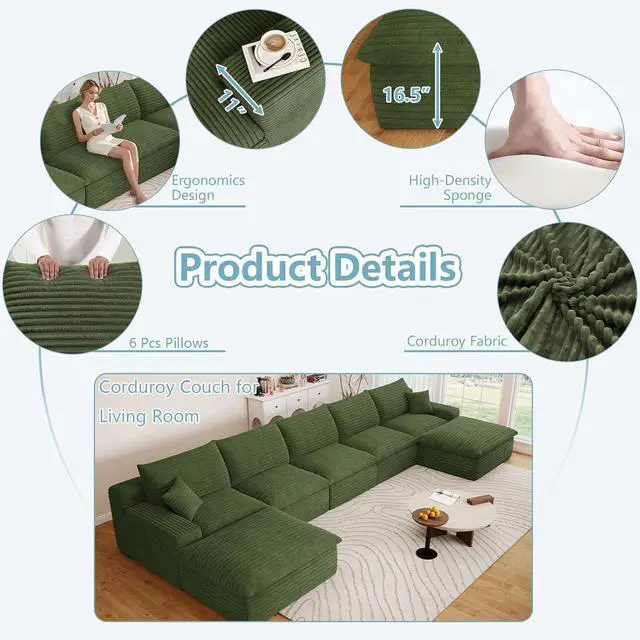 Alt view image 4 of 7 - 165" Oversized Cloud Sectional Couch with U-Shaped Chaise,5-Seater Corduroy Viral Boneless Sofa with Ottoman,Memory Foam Couches in a Box with Deep Seat for Living Room,No Assembly Required, Green
