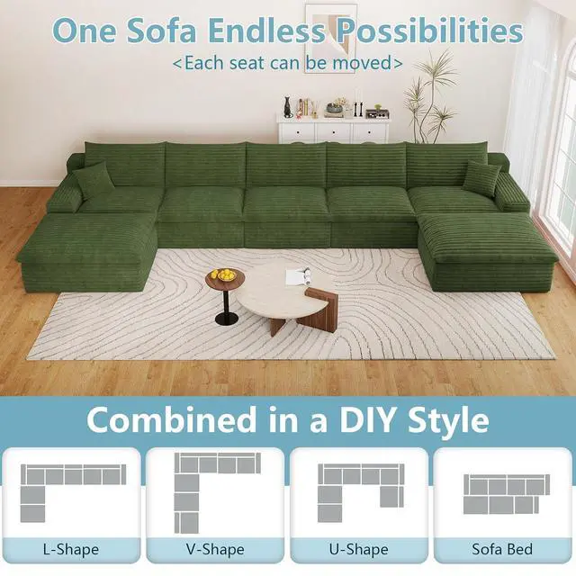 Alt view image 5 of 7 - 165" Oversized Cloud Sectional Couch with U-Shaped Chaise,5-Seater Corduroy Viral Boneless Sofa with Ottoman,Memory Foam Couches in a Box with Deep Seat for Living Room,No Assembly Required, Green