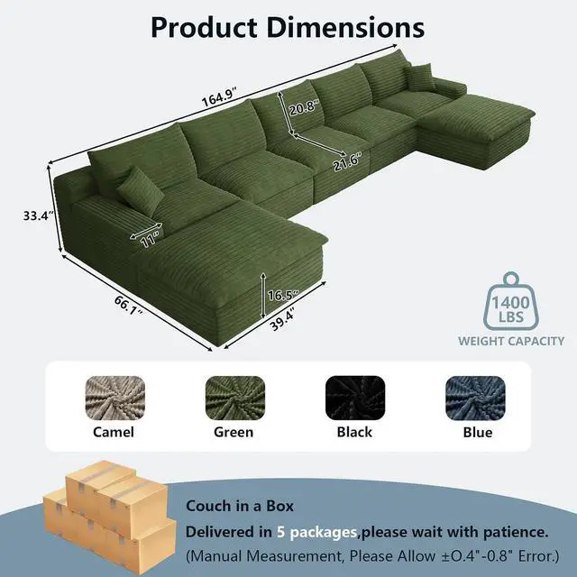 Alt view image 7 of 7 - 165" Oversized Cloud Sectional Couch with U-Shaped Chaise,5-Seater Corduroy Viral Boneless Sofa with Ottoman,Memory Foam Couches in a Box with Deep Seat for Living Room,No Assembly Required, Green