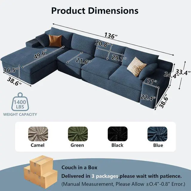 Alt view image 2 of 7 - 136" Cloud Sectional Couch with L-Shape Chaise, Modern Corduroy Viral Boneless Sofa for Living Room,Memory Foam Couches in a Box with Deep Seat,No Assembly Required (Blue,Left-Facing Chaise)
