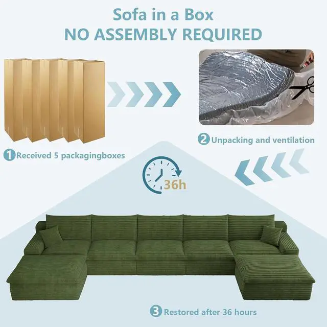 Alt view image 6 of 7 - 165" Oversized Cloud Sectional Couch with U-Shaped Chaise,5-Seater Corduroy Viral Boneless Sofa with Ottoman,Memory Foam Couches in a Box with Deep Seat for Living Room,No Assembly Required, Green