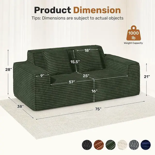 Alt view image 2 of 7 - 75'' Modern Cloud Loveseat Sofa Set of 2, No Assembly Required Comfy Deep Seat Couches 2 pcs for Living Room, Bedroom, Apartment (Corduroy-Green)