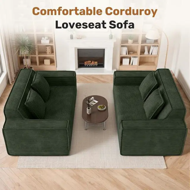 Alt view image 3 of 7 - 75'' Modern Cloud Loveseat Sofa Set of 2, No Assembly Required Comfy Deep Seat Couches 2 pcs for Living Room, Bedroom, Apartment (Corduroy-Green)