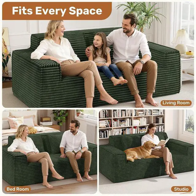 Alt view image 6 of 7 - 75'' Modern Cloud Loveseat Sofa Set of 2, No Assembly Required Comfy Deep Seat Couches 2 pcs for Living Room, Bedroom, Apartment (Corduroy-Green)