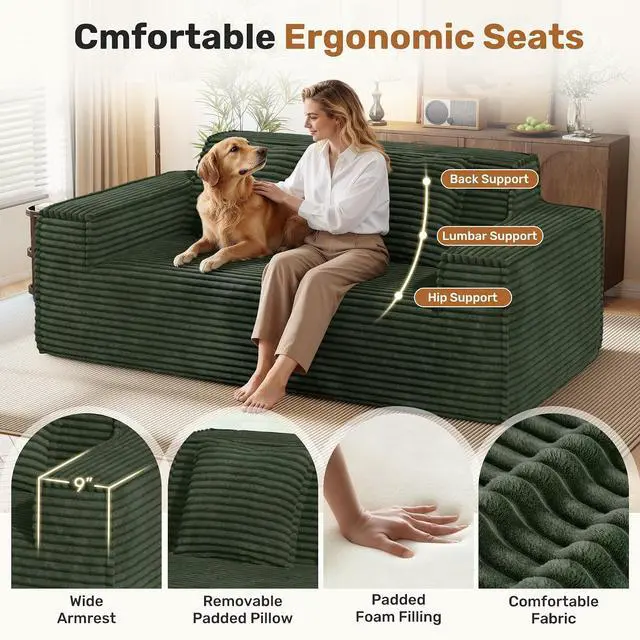 Alt view image 5 of 7 - 75'' Modern Cloud Loveseat Sofa Set of 2, No Assembly Required Comfy Deep Seat Couches 2 pcs for Living Room, Bedroom, Apartment (Corduroy-Green)