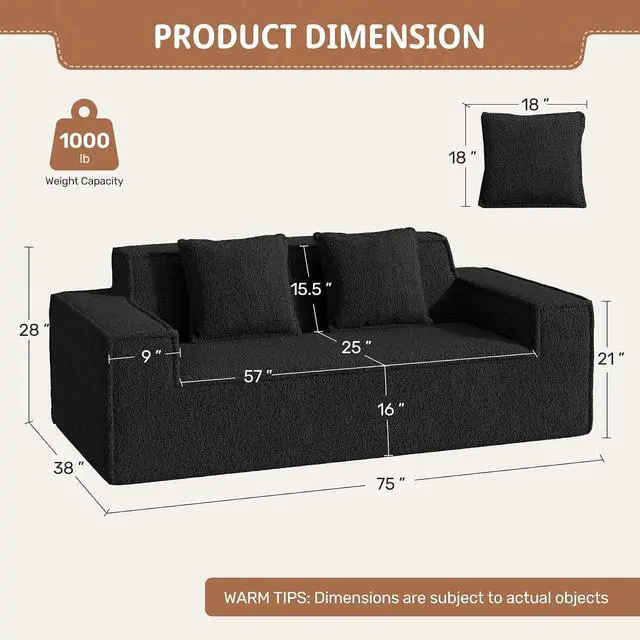 Alt view image 2 of 7 - 75'' Cloud Loveseat Sofa, No Assembly Required Comfy Deep Seat Couches 1 pcs for Living Room, Bedroom, Apartment(Teddy Fabric-Black)