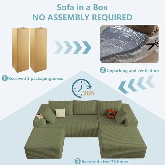 Alt view image 6 of 7 - 96" W Cloud Sectional Couch with Ottoman,Modern U-Shaped Cloud Couch with Deep Seat,Comfy Corduroy 3-Seater Sofa,Memory Foam Sofa for Living Room,No Assembly (Green,Right-Facing Chaise)