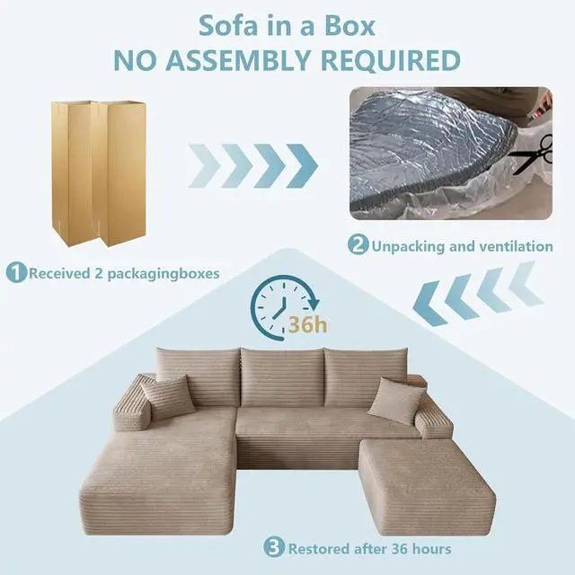 Alt view image 7 of 7 - 95" Cloud Sectional Couch with Ottoman,Modern U-Shaped Cloud Couch with Deep Seat,Comfy Corduroy 3-Seater Sofa,Memory Foam Sofa for Living Room,No Assembly (Camel,Left-Facing Chaise)