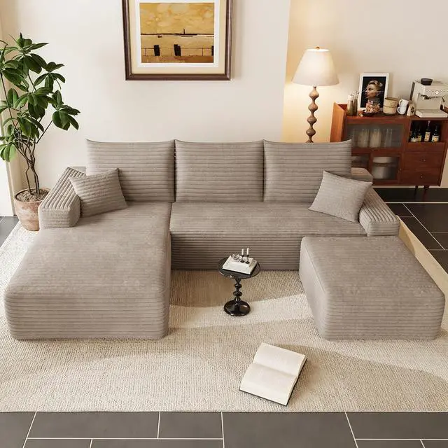 Alt view image 5 of 7 - 95" Cloud Sectional Couch with Ottoman,Modern U-Shaped Cloud Couch with Deep Seat,Comfy Corduroy 3-Seater Sofa,Memory Foam Sofa for Living Room,No Assembly (Camel,Left-Facing Chaise)