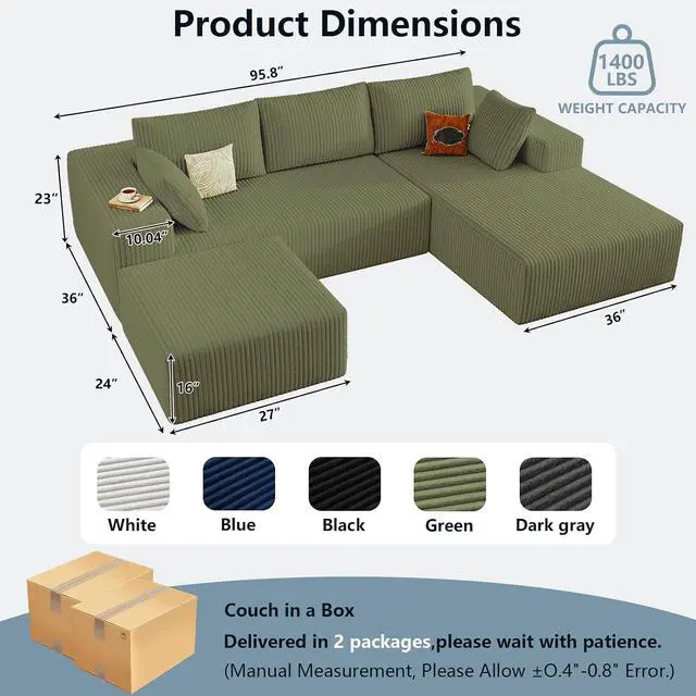 Alt view image 2 of 7 - 96" W Cloud Sectional Couch with Ottoman,Modern U-Shaped Cloud Couch with Deep Seat,Comfy Corduroy 3-Seater Sofa,Memory Foam Sofa for Living Room,No Assembly (Green,Right-Facing Chaise)