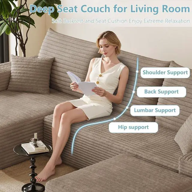 Alt view image 6 of 7 - 95" Cloud Sectional Couch with Ottoman,Modern U-Shaped Cloud Couch with Deep Seat,Comfy Corduroy 3-Seater Sofa,Memory Foam Sofa for Living Room,No Assembly (Camel,Left-Facing Chaise)