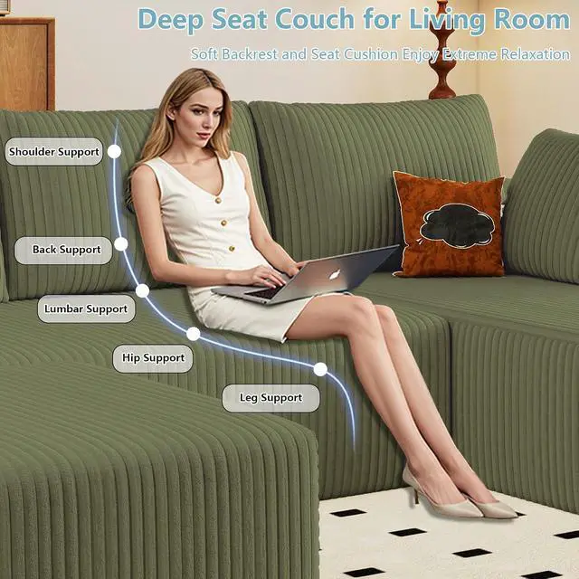 Alt view image 5 of 7 - 96" W Cloud Sectional Couch with Ottoman,Modern U-Shaped Cloud Couch with Deep Seat,Comfy Corduroy 3-Seater Sofa,Memory Foam Sofa for Living Room,No Assembly (Green,Right-Facing Chaise)