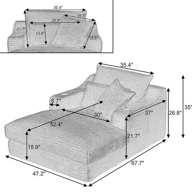 Alt view image 2 of 7 - 47.2"Oversized Chaise Lounge Chair Indoor,Corduroy Boneless Reading Chair with Cup Holder,Deep Seat Cloud Sofa Bed,Comfy Modern Sleeper Chairs in Box for Living Room Bedroom,No Assembly (Dark Blue)