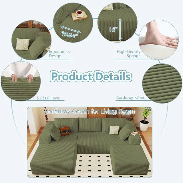 Alt view image 3 of 6 - 96" U Shaped Cloud Sectional Couch with Fluffy Corduroy, Deep Memory Foam Seats Sofa with 1 Ottoman for Living Room, No Assembly Required(Green,Left-Facing Chaise)