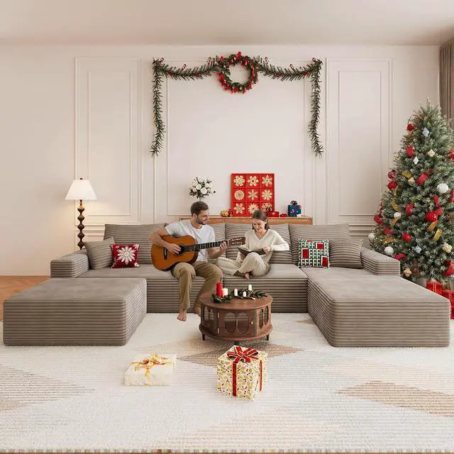 Alt view image 3 of 7 - 136" U Shaped Cloud Sectional Couch with Fluffy Corduroy, Deep Memory Foam Seats Sofa with 1 Ottoman for Living Room, No Assembly Required(Camel,Right-Facing Chaise)