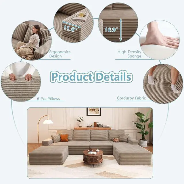 Alt view image 4 of 7 - 136" U Shaped Cloud Sectional Couch with Fluffy Corduroy, Deep Memory Foam Seats Sofa with 1 Ottoman for Living Room, No Assembly Required(Camel,Right-Facing Chaise)