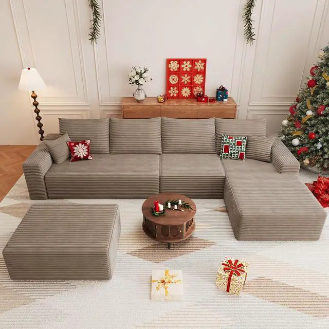 Alt view image 5 of 7 - 136" U Shaped Cloud Sectional Couch with Fluffy Corduroy, Deep Memory Foam Seats Sofa with 1 Ottoman for Living Room, No Assembly Required(Camel,Right-Facing Chaise)