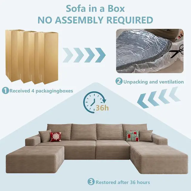 Alt view image 7 of 7 - 136" U Shaped Cloud Sectional Couch with Fluffy Corduroy, Deep Memory Foam Seats Sofa with 1 Ottoman for Living Room, No Assembly Required(Camel,Right-Facing Chaise)