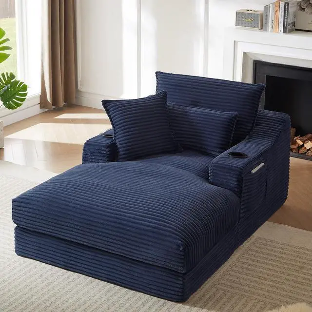 Main image of 47.2"Oversized Chaise Lounge Chair Indoor,Corduroy Boneless Reading Chair with Cup Holder,Deep Seat Cloud Sofa Bed,Comfy Modern Sleeper Chairs in Box for Living Room Bedroom,No Assembly (Dark Blue)