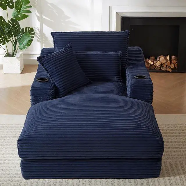 Alt view image 3 of 7 - 47.2"Oversized Chaise Lounge Chair Indoor,Corduroy Boneless Reading Chair with Cup Holder,Deep Seat Cloud Sofa Bed,Comfy Modern Sleeper Chairs in Box for Living Room Bedroom,No Assembly (Dark Blue)
