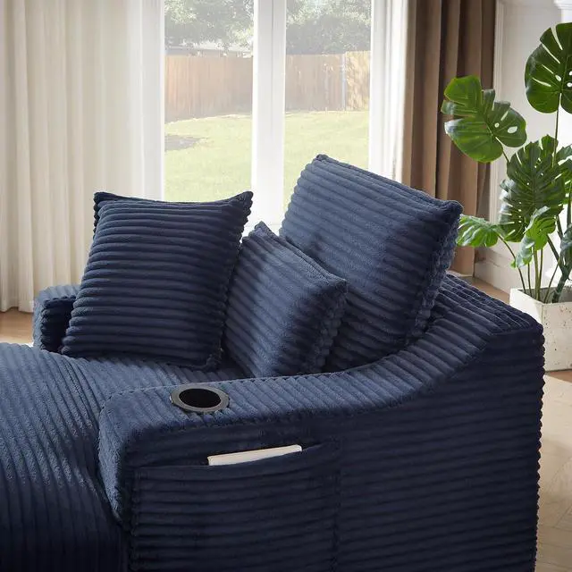 Alt view image 4 of 7 - 47.2"Oversized Chaise Lounge Chair Indoor,Corduroy Boneless Reading Chair with Cup Holder,Deep Seat Cloud Sofa Bed,Comfy Modern Sleeper Chairs in Box for Living Room Bedroom,No Assembly (Dark Blue)