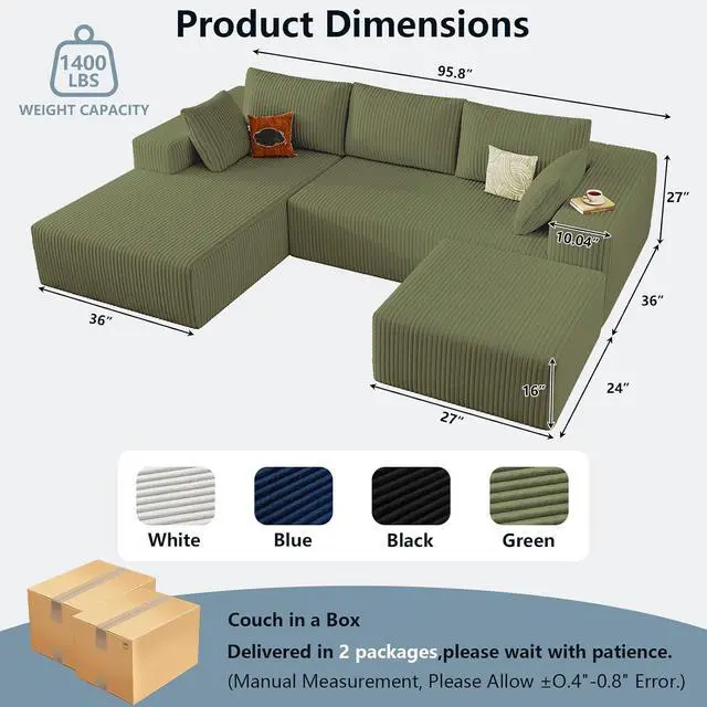 Alt view image 2 of 6 - 96" U Shaped Cloud Sectional Couch with Fluffy Corduroy, Deep Memory Foam Seats Sofa with 1 Ottoman for Living Room, No Assembly Required(Green,Left-Facing Chaise)