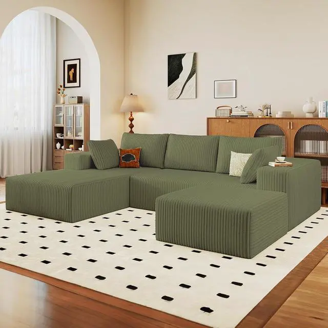 Alt view image 4 of 6 - 96" U Shaped Cloud Sectional Couch with Fluffy Corduroy, Deep Memory Foam Seats Sofa with 1 Ottoman for Living Room, No Assembly Required(Green,Left-Facing Chaise)