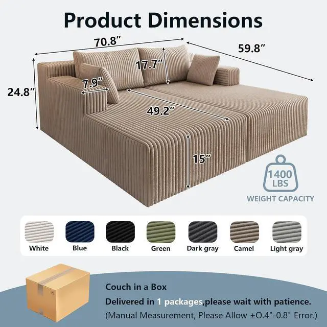 Alt view image 2 of 7 - 71"Oversized Chaise Lounge Chair,Sectional Double Lounge Chaise with Pillows, Upholstered Corduroy Boneless Lounge Chair, Fluffy Modern Loveseat Sleeper Sofa for Living Room or Bedroom(Camel)