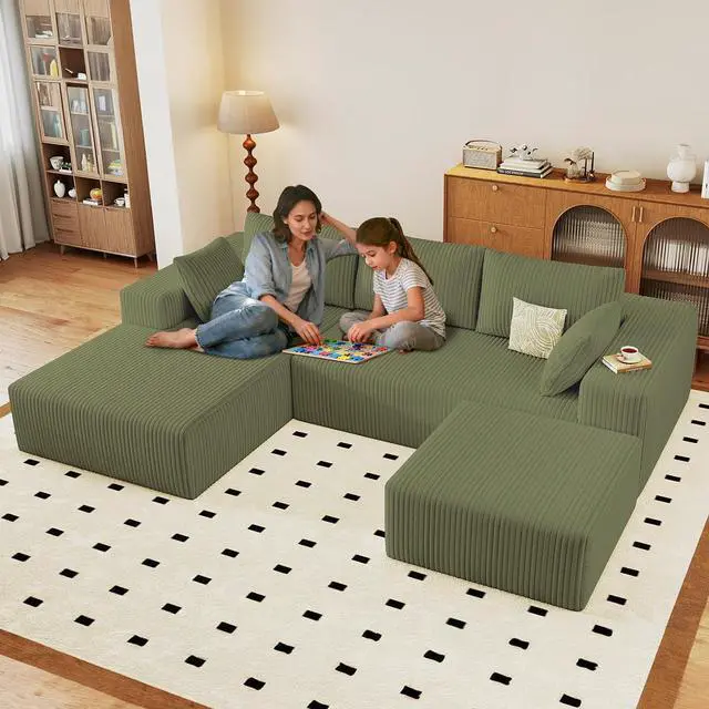Main image of 96" U Shaped Cloud Sectional Couch with Fluffy Corduroy, Deep Memory Foam Seats Sofa with 1 Ottoman for Living Room, No Assembly Required(Green,Left-Facing Chaise)