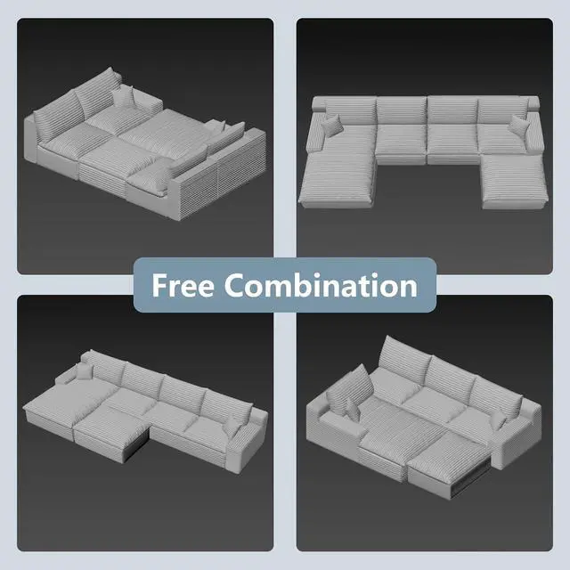Alt view image 6 of 7 - 136" Cloud Sectional Couch with U-Shaped Chaise,Corduroy Viral Boneless Sofa with Ottoman,Memory Foam Couches in a Box with Deep Seat for Living Room,No Assembly Required (Blue,Left-Facing Chaise)