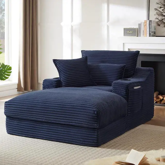 Alt view image 5 of 7 - 47.2"Oversized Chaise Lounge Chair Indoor,Corduroy Boneless Reading Chair with Cup Holder,Deep Seat Cloud Sofa Bed,Comfy Modern Sleeper Chairs in Box for Living Room Bedroom,No Assembly (Dark Blue)