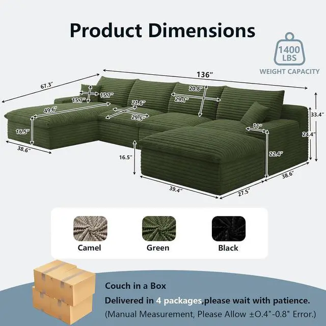 Alt view image 2 of 7 - 136" Cloud Sectional Couch with U-Shaped Chaise,Corduroy Viral Boneless Sofa with Ottoman,Memory Foam Couches in a Box with Deep Seat for Living Room,No Assembly Required (Green,Left-Facing Chaise)
