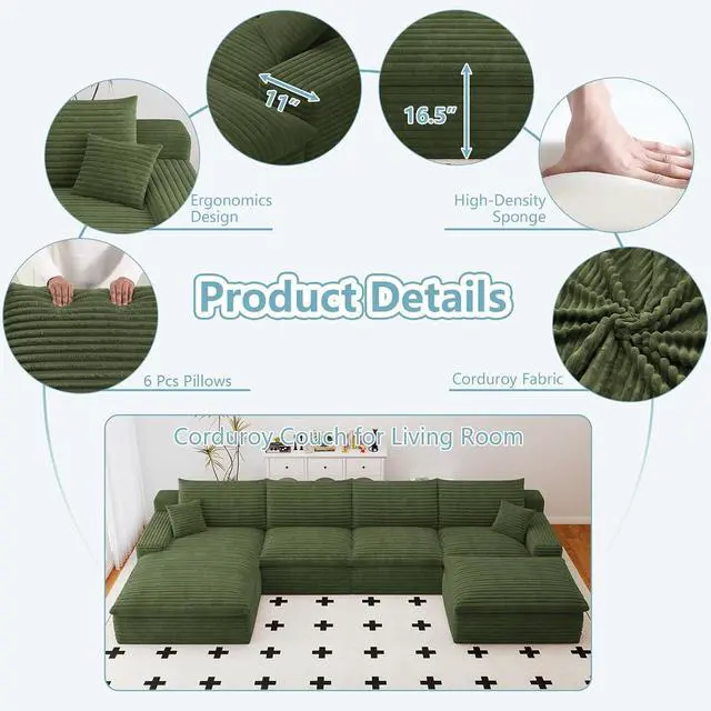 Alt view image 3 of 7 - 136" Cloud Sectional Couch with U-Shaped Chaise,Corduroy Viral Boneless Sofa with Ottoman,Memory Foam Couches in a Box with Deep Seat for Living Room,No Assembly Required (Green,Left-Facing Chaise)
