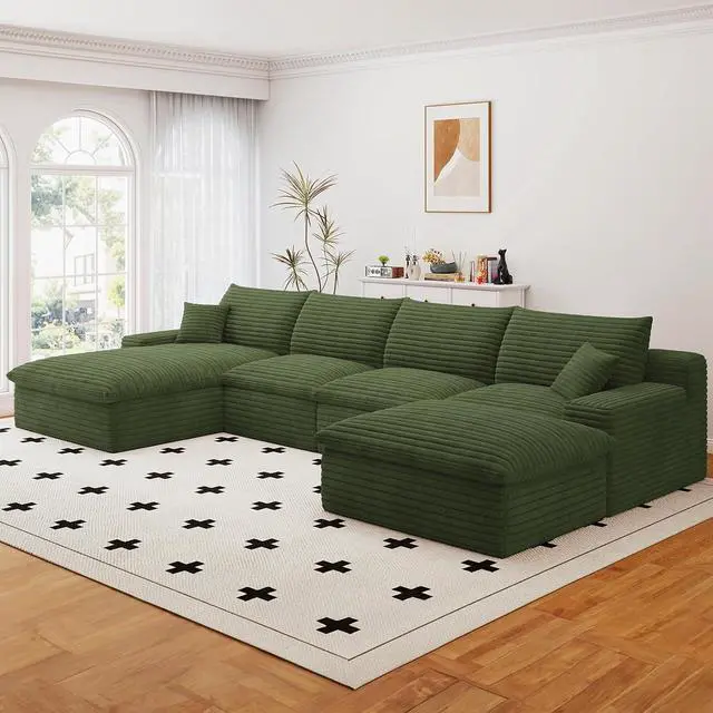 Alt view image 4 of 7 - 136" Cloud Sectional Couch with U-Shaped Chaise,Corduroy Viral Boneless Sofa with Ottoman,Memory Foam Couches in a Box with Deep Seat for Living Room,No Assembly Required (Green,Left-Facing Chaise)
